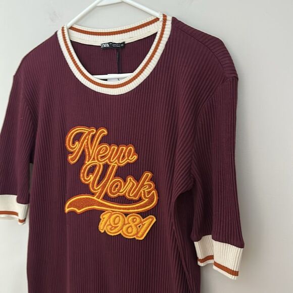NWT Zara Women’s New York Varsity Bodycon Cotton Knit Dress Burgundy Size XL - Picture 7 of 14